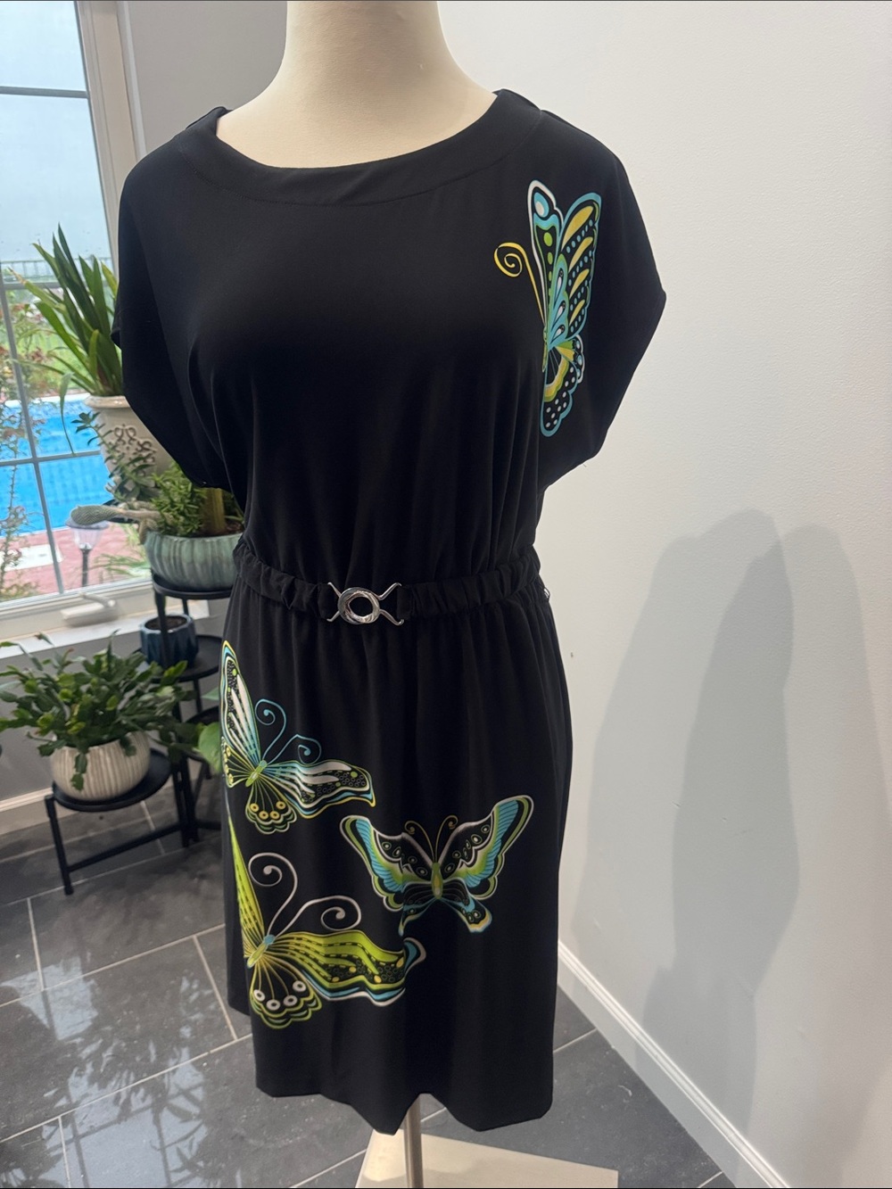 Cato Black Midi Dress with Teal and Yellow Butterfly Prints
